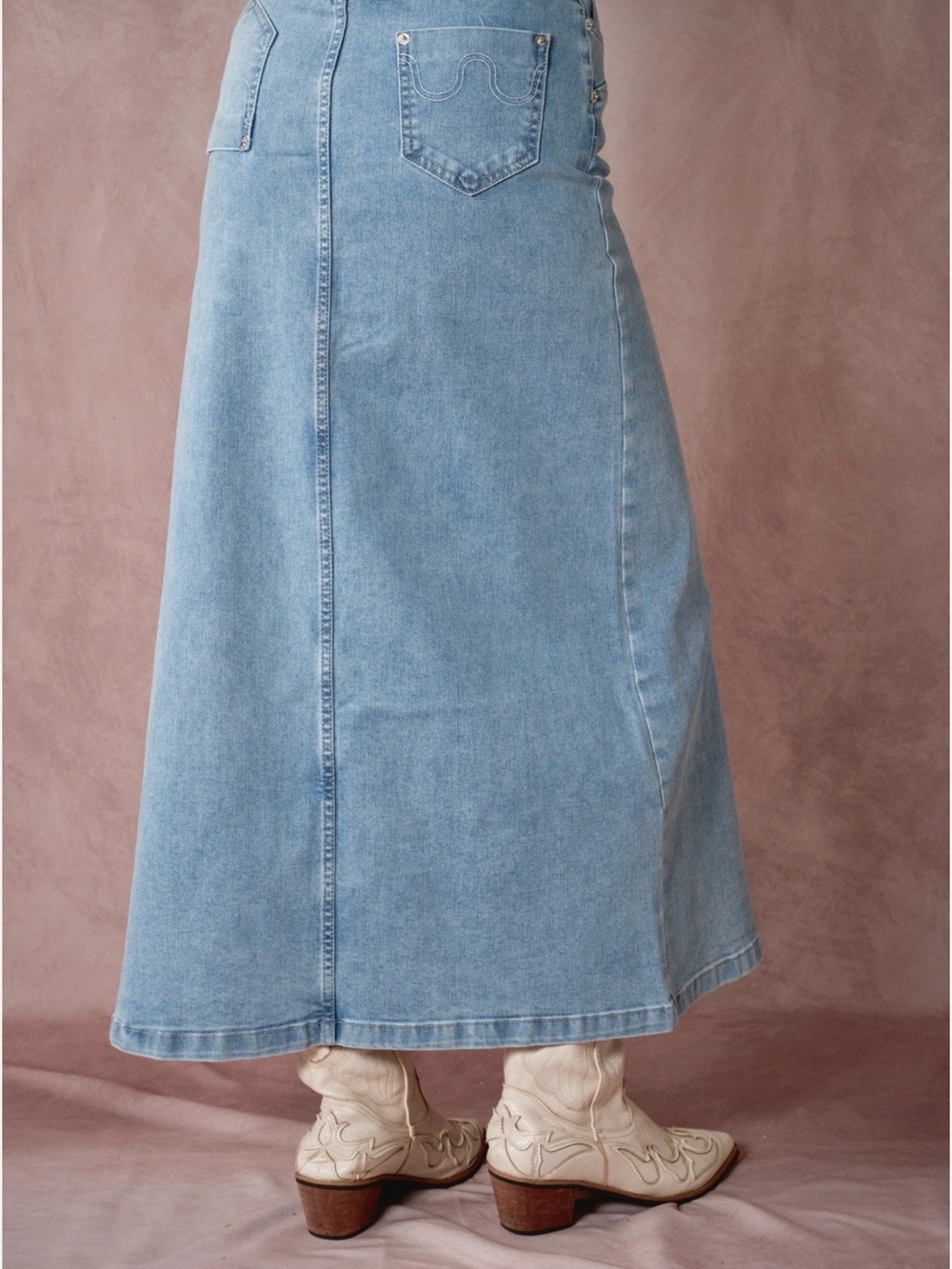 Cowgirl Light Wash Denim Maxi Skirt with Sculpted Side Slit - Picture 5 of 11